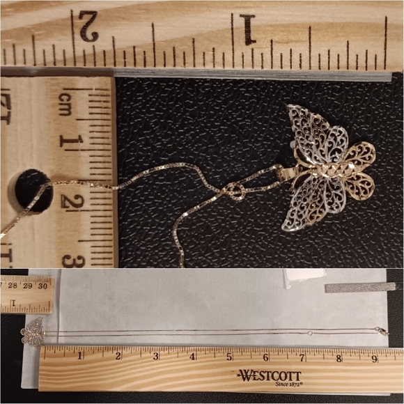 10k Gold Necklace Butterfly 2-tone Pendant + Adjustable chain Solid real 10kt - Picture 3 of 5